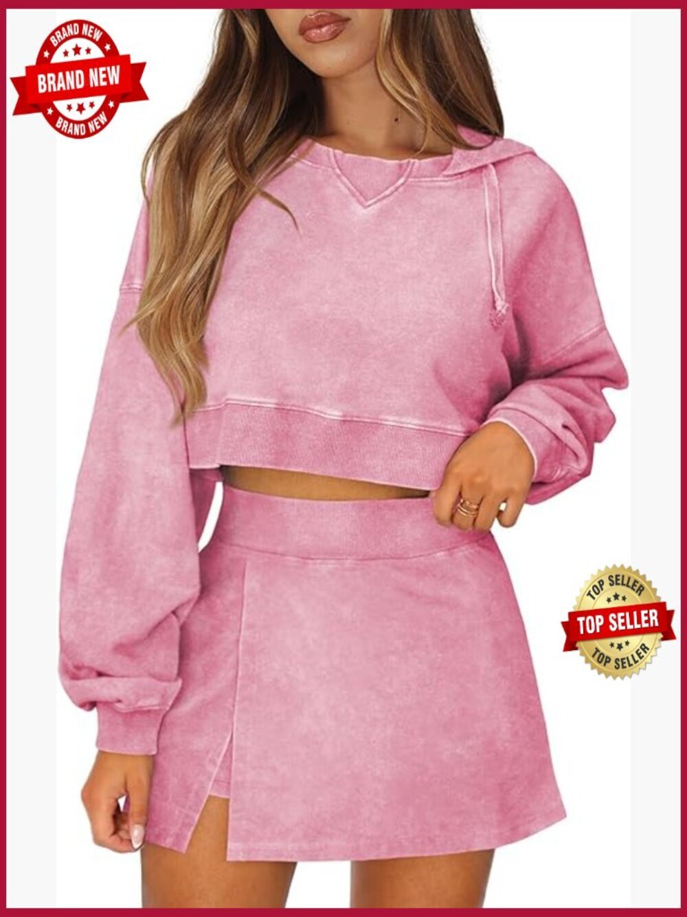 Mineral Wash Cropped Hoodie & Split Skirt Set, Lined, 2 Piece Lounge Set